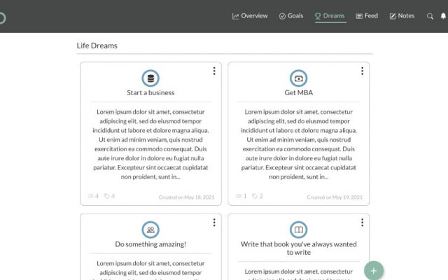 Screenshot of all dreams on Dreams page