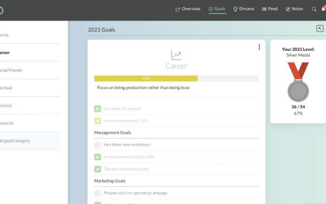 Screenshot of desktop goals page